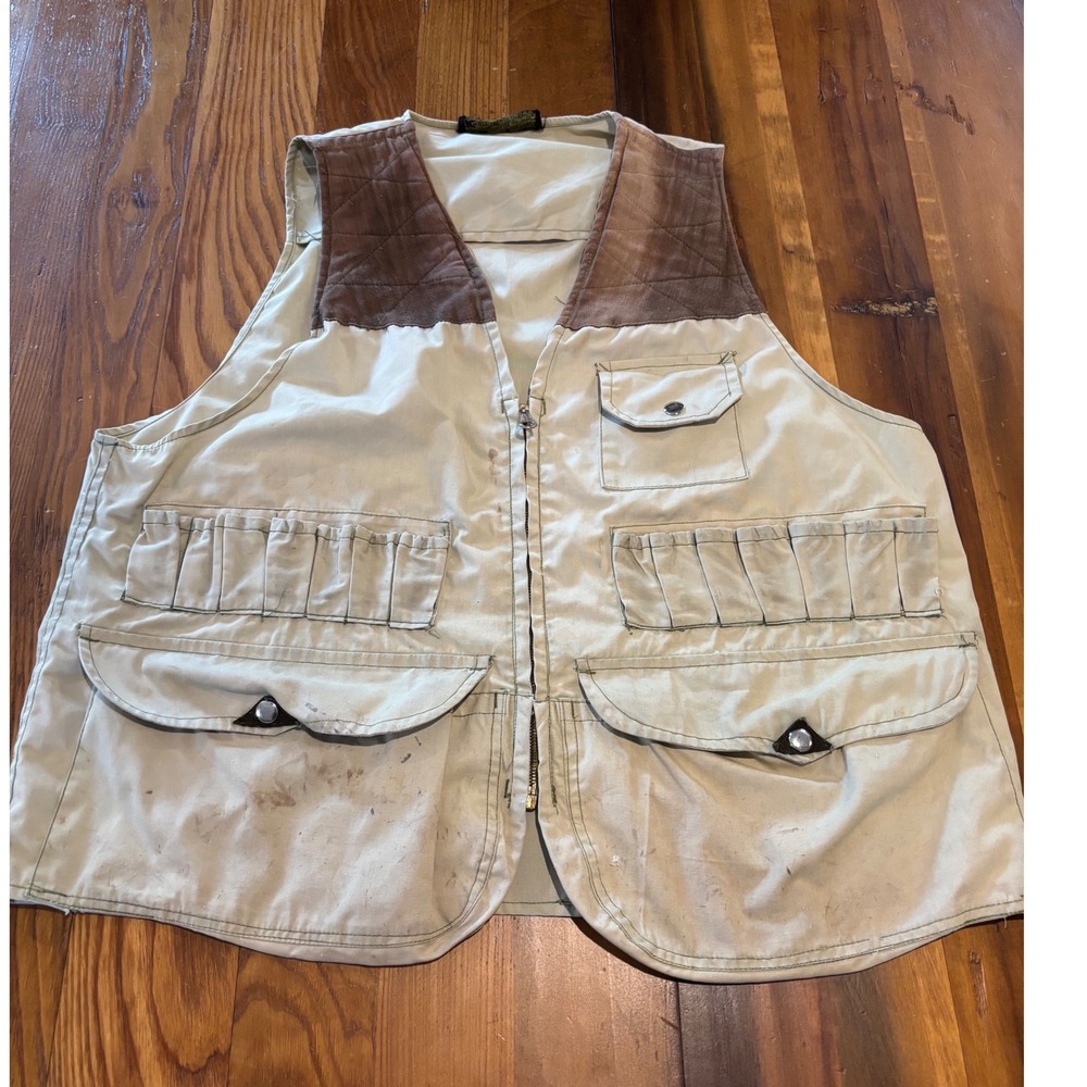 Vintage Kmart Men Tan Canvas Hunting Vest Shell Loops Quilted Shoulder Large